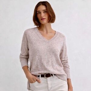Maison Jules V Neck Cotton Knit Sweater Neutral Flecked Long Sleeve Size L